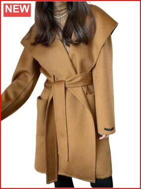 Women's Belted Wool Trench Coat with Hood, Winter Pea Coat